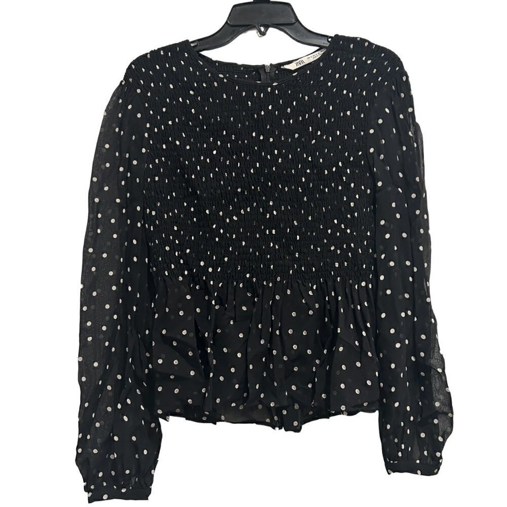 Zara Black and White Polka Dot Smocked Peplum Mesh Blouse Women’s Size Small - Picture 2 of 12